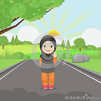 Girl Take a Walk in Early Morning Vector Illustration