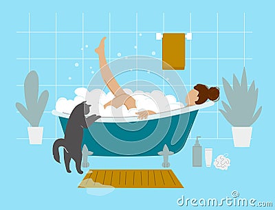 The girl takes a bath. Flat vector bathroom interior Vector Illustration