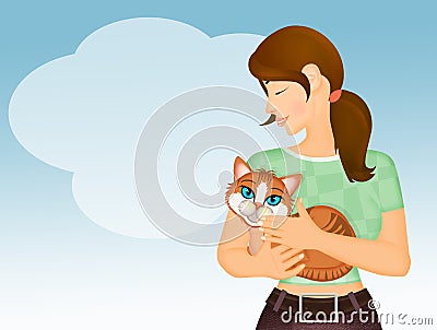 Girl takes care of the cat Stock Photo