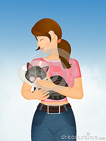 Girl takes care of the cat after sterilization Stock Photo