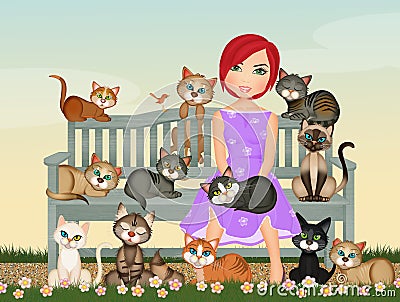 Girl takes care of the feline colony Stock Photo