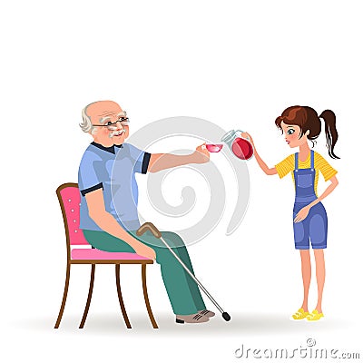 Girl takes care of grandfather, granddaughter bears senior gray-haired man sitting in wheelchair cup of tee Vector Illustration