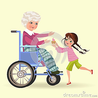 Girl takes care of grandmother, granddaughter bears senior gray-haired woman sitting in wheelchair cake for dinner Vector Illustration