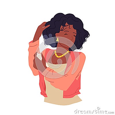 Girl takes care of kinky hair, beautiful young woman holding bottle to spray anti frizz Vector Illustration