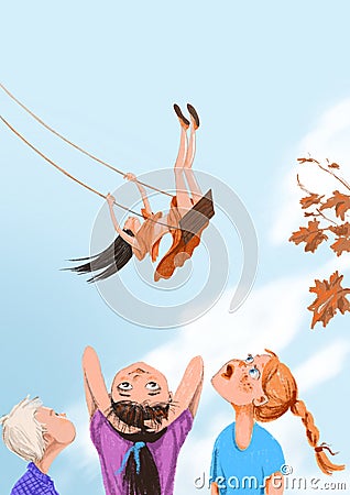 The girl takes off on a swing high into the sky. Children are watching with admiration from below Stock Photo