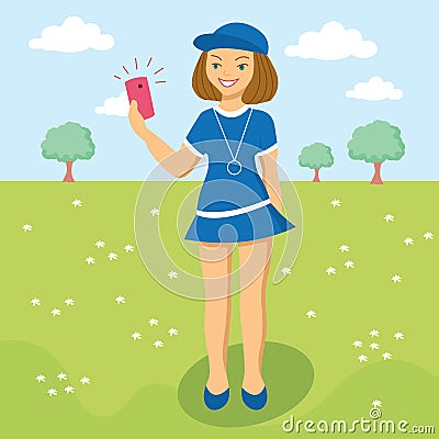 The girl takes pictures of herself. Vector Illustration