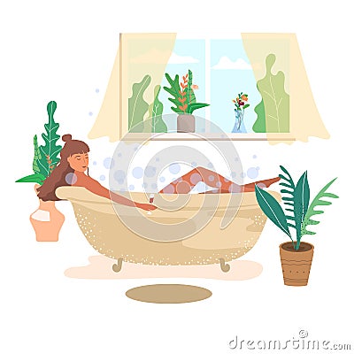 Girl takes a relaxing bath at home and drinks wine cartoon flat vector illustration. Vector Illustration