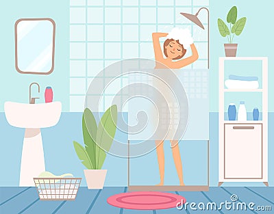 Girl takes shower. Bathroom interior, hygiene procedures. Woman washes her head vector illustration Vector Illustration