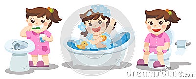 A girl taking a bath, brushing teeth, sitting on toilet. Vector Illustration