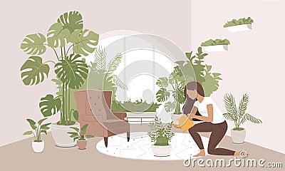 Girl taking care and watering ZZ plant with funnel at her home garden. Indoor gardening hobby. Vector Illustration