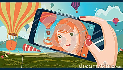 Girl taking photo of herself Vector Illustration