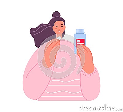 Girl taking pill. Woman hold vitamin or medicine. Happy female recover with pharmaceutical product. Healthcare Vector Illustration