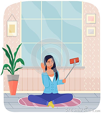 Girl taking selfie or recording video. Female model, internet influencer with smartphone on monopod Vector Illustration