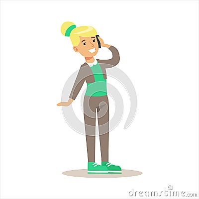 Girl Talking On Cell Phone, Child And Gadget Illustration With Kid Watching And Playing Using Electronic Device Vector Illustration