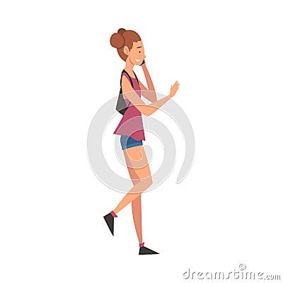 Girl Talking on Smartphone While Walking, Female Student Using Digital Gadget Vector Illustratio Vector Illustration