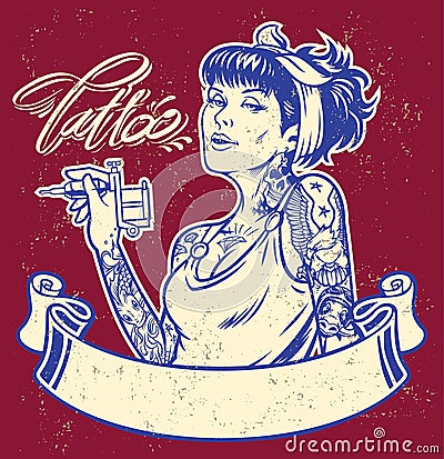 Girl tattoo artist with banner Vector Illustration