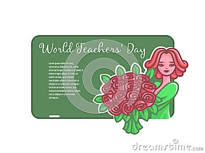 Girl teacher with flowers at a board for a chalk. Vector Illustration