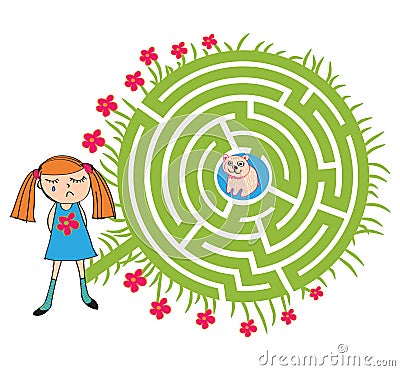 Girl And Teddy Maze Vector Illustration