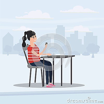 Girl teenager looks in smartphone table in cafe, background city, vector, illustration, cartoon style, isolated Vector Illustration