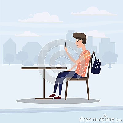 Girl teenager looks in smartphone table in cafe, background city, vector, illustration, cartoon style, isolated Vector Illustration