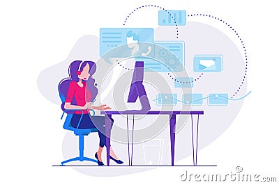 Girl telephone consultant in workplace Cartoon Illustration