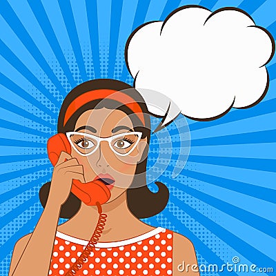 Girl with telephone handset on comic book background Vector Illustration