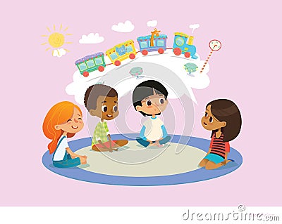 Girl telling fairy tale to other children sitting on round carpet against cartoon train with colorful cars inside speech Vector Illustration