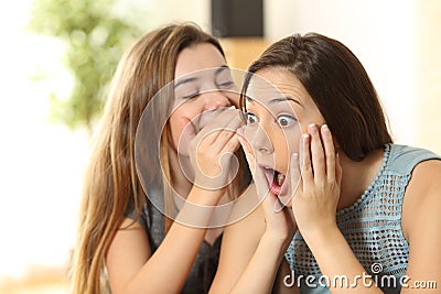 Girl telling secrets to her amazed friend Stock Photo