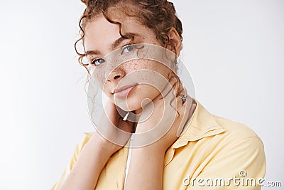 Girl thinking getting gym membership time stretch. Portrait charming tender feminine redhead curly messy bun female Stock Photo