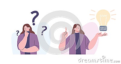 Girl thinking, woman brainstorming or reflective person. Student inspired, female trouble solving. Think, worry and have Vector Illustration