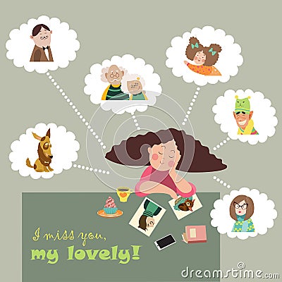 Girl thinks about her relatives Vector Illustration