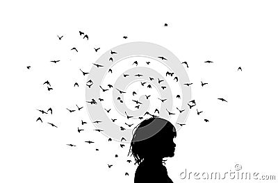 The girl thought. Girls and many flying birds. Vector illustration Vector Illustration