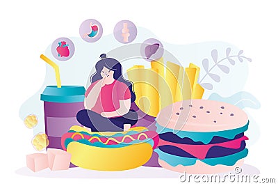 Girl thought about problem of obesity. Woman thinks about her unhealthy eating habits Vector Illustration