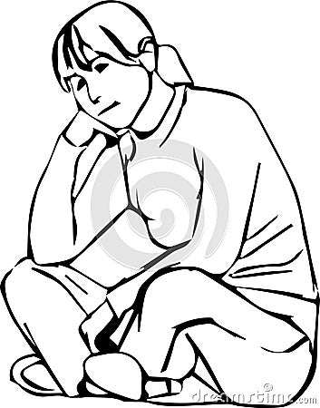 The girl thought and sits in her lap drawn in pencil Vector Illustration