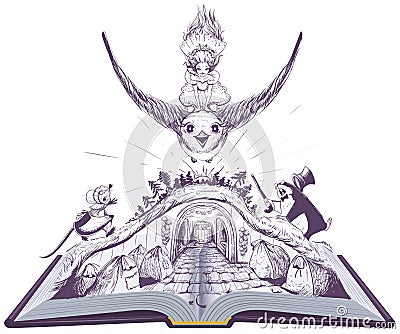 Girl Thumbelina flies on swallow. open book fairy tale illustration Vector Illustration