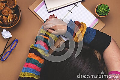 The girl tired to learn Stock Photo