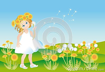 Girl on to the meadow with dandelions Vector Illustration