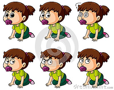 Girl toddler with different facial expressions Vector Illustration