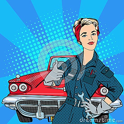 Girl with Tools. Working Woman Gesturing Great. Vintage Car Vector Illustration