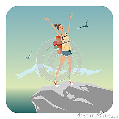 Girl on top of the mountain Vector Illustration