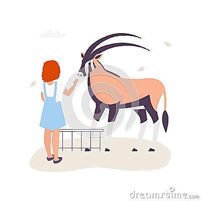 Girl touching an antilope in the contact zoo vector flat illustration isolated on light backgroung. Vector Illustration