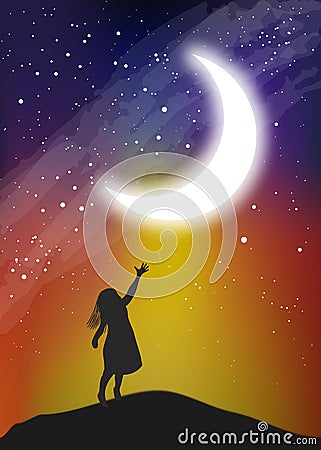 The girl touching the moon on the sky Vector Illustration