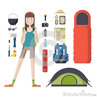 Girl tourist with a backpack and a set of tourist things. Vector Illustration