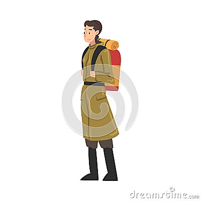 Girl Tourist Character Hiking on Nature, Woman in Explorer Outfit Standing with Backpack, Summer Adventure Trip Cartoon Vector Illustration