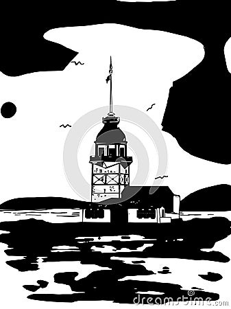 Girl tower istanbul / kÄ±z kulesi istanbul illustration turkey drawing white background Cartoon Illustration