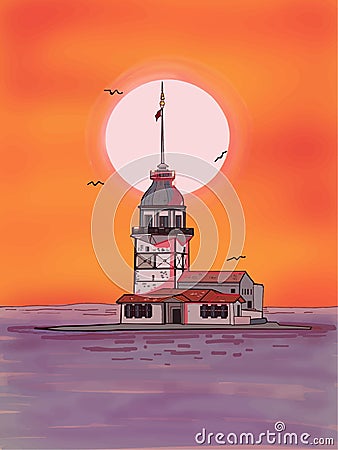 Girl tower istanbul / kÄ±z kulesi istanbul illustration turkey drawing white background Cartoon Illustration