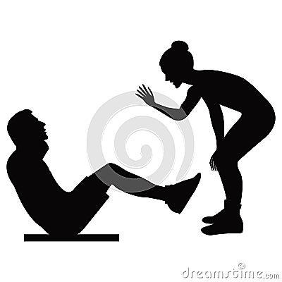 Girl trainer holds training session a man shakes a press black silhouette on a white background isolated vector illustration Vector Illustration
