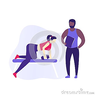 girl training back in gym with personal trainer Vector Illustration