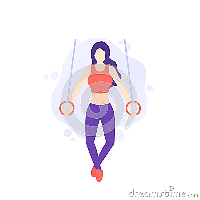 girl training with gymnastic rings, workout in gym Vector Illustration