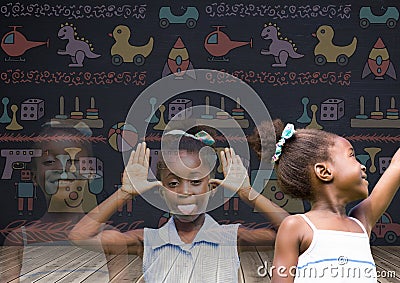 Girl transition effect fading with blackboard background and toys graphics Stock Photo